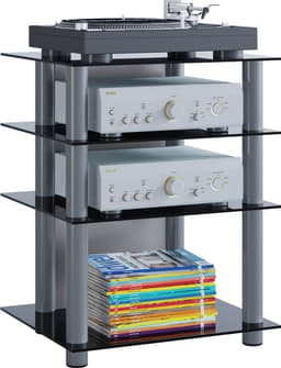 VCM hifi-kasten, platenspelerkast, stereokast, hifi-rekken, routerstandaard, hifi-rekken en -standaards, witte platenspelerstandaard, draaitafelstandaard met opbergruimte voor vinylplaten, platenspelermeubel, glazen tv-meubel, mediameubel — thumbnail 10