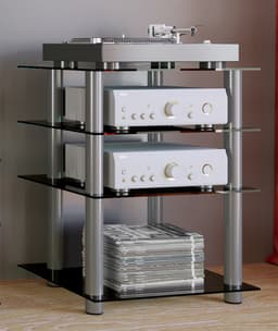 VCM hifi-kasten, platenspelerkast, stereokast, hifi-rekken, routerstandaard, hifi-rekken en -standaards, witte platenspelerstandaard, draaitafelstandaard met opbergruimte voor vinylplaten, platenspelermeubel, glazen tv-meubel, mediameubel — thumbnail 11