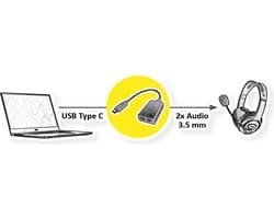 VALUE USB type C - 2x 3,5mm Audio Adapter, Male/Female, 0,13 m