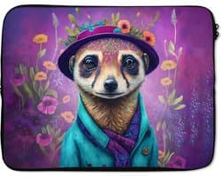 Laptophoes 15.6 inch - Meerkat - Bloemen - Verf - Paars - Portret - Stokstaartje - Laptop sleeve - Binnenmaat 37x26 cm - Zwarte achterkant