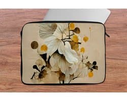 Laptophoes 14 inch - Bloemen - Planten - Goud - Vintage - Laptop sleeve - Binnenmaat 33x23 cm - Zwarte achterkant