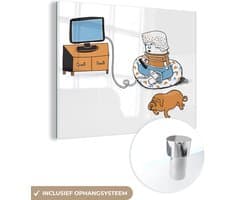 MuchoWow® Glasschilderij 120x90 cm - Schilderij acrylglas - Een illustratie van een televisie kijkend kind - Foto op glas - Schilderijen