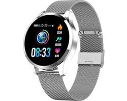 Belesy® Q9 model 2021 - Smartwatch Dames - Smartwatch Heren - Horloge - 1.3 inch – Stappenteller – Calorieën - Hartslag – Bloeddruk - 10x Sporten – Milanees staal - Zilver - Moederdag