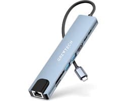GREYTECH USB C HUB 8 in 1 - met HDMI 4K, Ethernet RJ45, 2x USB 3.0 (thunderbolt), 2X USB C opladen, Micro/SD card reader Hub – Docking station - Spacegrijs