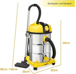 MASKO® industriële stofzuiger nat-droog roestvrij staal 2300W + stopcontact | blaasfunctie | droog en nat zuigen | Push&Clean | industriële stofzuiger met en zonder zak | zakloos - Geel — thumbnail 2