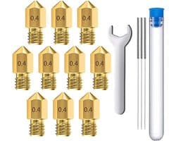 MMOBIEL 10 stuks 0.4mm Messing MK8 3D Printer Nozzles Extruder Incl. 3 reinigingsnaalden