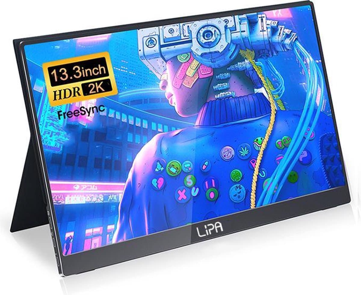 Lipa HDR-50 portable monitor 2K 13.3" - Draagbaar scherm - Draagbare monitor - Beeldscherm - Computerscherm - HDMI - 2x USB C - Met hoes en kickstand - Ook voor game consoles - 2560 x 1440 pixels 2K - Dual Speakers en Freesync - Energiezuinig — afbeelding 1