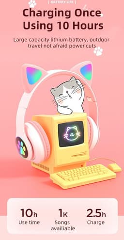 Kinder hoofdtelefoon - cat headphones | Draadloze koptelefoon Bluetooth met led kattenoortjes zwart | Koptelefoon voor Kinderen - Met Led Kat Oortjes | met verlichting poot — thumbnail 5