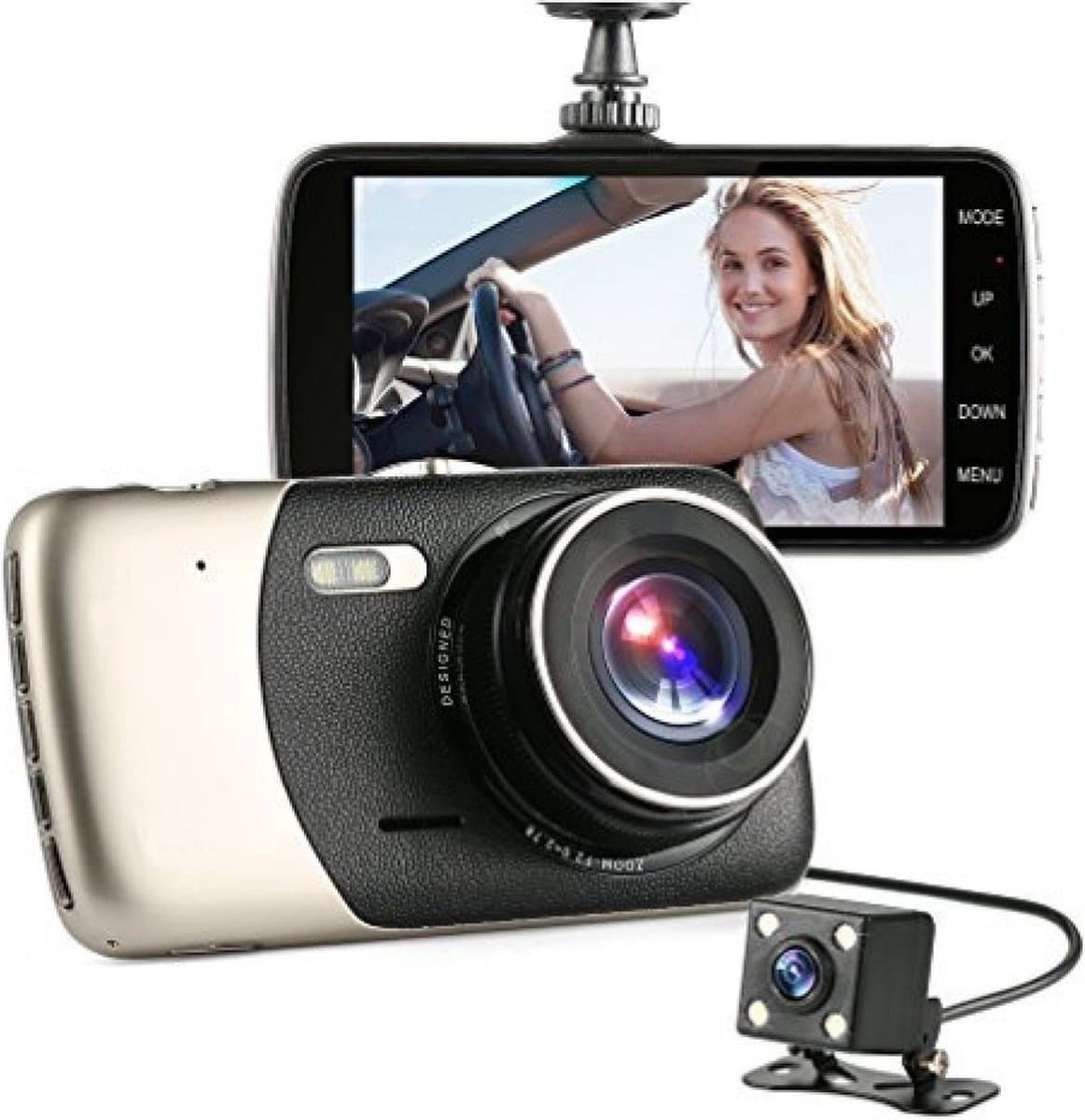 TechU™ Dashcam Voor en Achter Camera – M07 Pro – Dashboardcamera – 4” Scherm – Full HD 1080P – 170° Wijdhoeklens – Parkeermonitor – Looprecording – Bewegingssensor – G-sensor – Nachtvisie – Incl. Achteruitrijcamera - voor auto — afbeelding 1