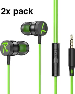 2x Bedrade oortjes - In Ear Oordopjes - Oortjes met Draad en Microfoon - Extra Bass - 3,5mm Jack Aansluiting - 120cm kabel - Groen — thumbnail 1