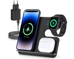 ByElekt 3-in-1 Draadloze Oplader, Aluminiumlegering 3 in 1 Draadloos Oplaadstation Zwart voor mobiele telefoon, smartwatch en airdops