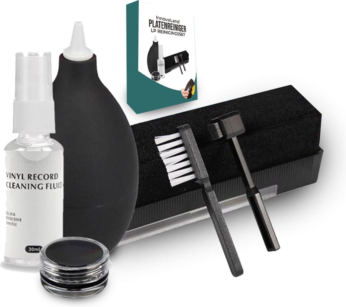 Innovaland - Platenborstel - 6 in 1 Set - Vinyl - Platenreiniger - LP - Borstel - Reiniger - Schoonmaakset - Reinigingsset - Naalborstel - Platenspeler - Antistatisch - Vinyl Cleaning Kit - Platen Schoonmaakset - Naaldborstel Platenspeler — afbeelding 1