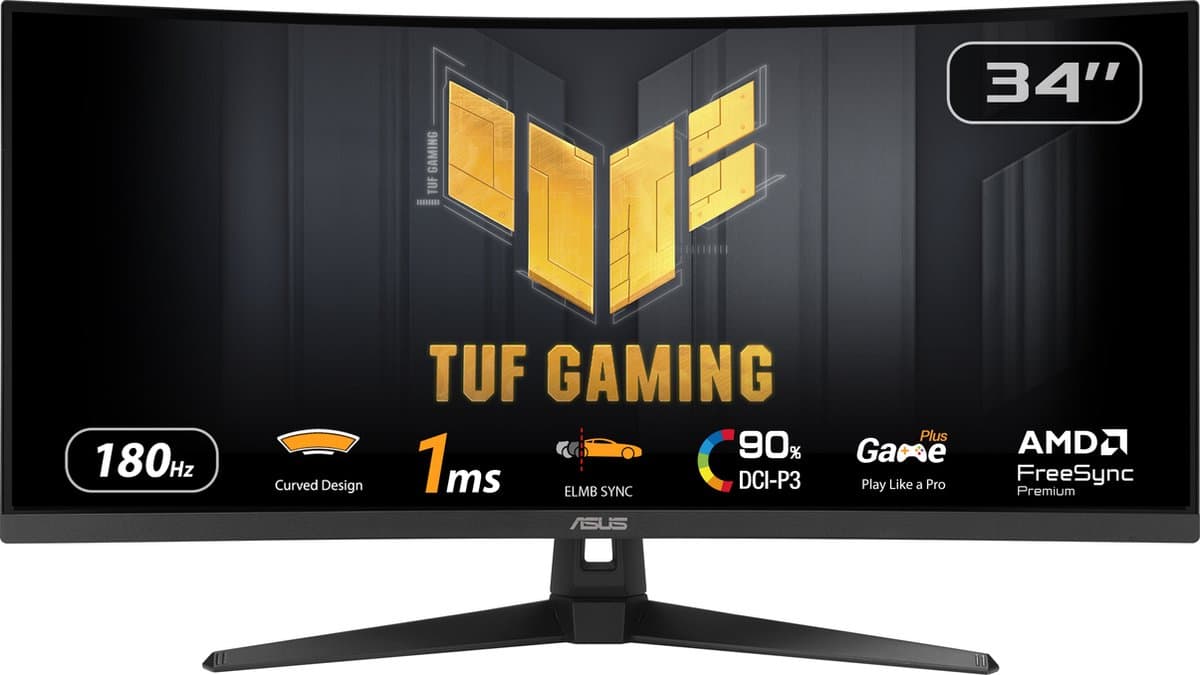ASUS TUF Gaming VG34VQ3B - WQHD Ultrawide Gaming Monitor - 180Hz - FreeSync Premium - USB Hub - 34 Inch — afbeelding 1