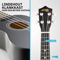Ukelele set - MAX UKEY - 21 inch Ukulele van hout - Kindergitaar en gitaar voor volwassenen - incl. Ukelele tas, plectrums en stemapparaat - Zwart — thumbnail 3