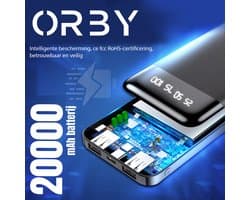 Orby® Powerbank 20000 mAh draadloos - LED-Display - Snel laden 22.5W - Externe Batterij Powerbank - Externe Oplader Powerbank - USB-A en USB-C - Geschikt voor iPhone, Samsung, Laptop en meer - Noodpakket