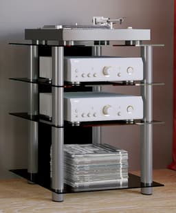 VCM hifi-kasten, platenspelerkast, stereokast, hifi-rekken, routerstandaard, hifi-rekken en -standaards, witte platenspelerstandaard, draaitafelstandaard met opbergruimte voor vinylplaten, platenspelermeubel, glazen tv-meubel, mediameubel — thumbnail 7