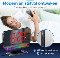 BP® Digitale Wekker Met Projectie - Wekkerradio - Projectiewekker - Digitale Wekker - Kinderwekker - Projectieklok - Snooze Functie - USB oplaadpoort - Automatische Helderheidscontrole - Zwart — thumbnail 4