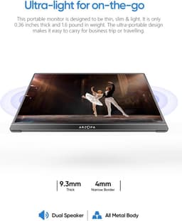 Arzopa Portable Monitor – A1 Kickstand - Portable USB-C Monitor - Ultradun - Speakers - 15.6 inch — thumbnail 3