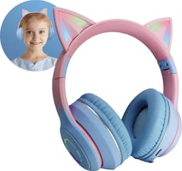Relave Koptelefoon Kinderen Met Led Verlichting Bluetooth - Kattenoortjes - Kattenoren - Kinder Koptelefoon / Hoofdtelefoon Draadloos Over Ear - Blauw / Roze — thumbnail 1