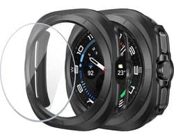 Hoesje +Screenprotector Samsung Galaxy Watch Ultra – Tempered Glass - Extreme Shock Case Zwart