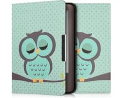 kwmobile e-reader hoesje geschikt voor Tolino Shine (2013) hoes - E reader flip case met magnetische sluiting - Ereader cover - Slapende Uil design in turquoise / bruin / mintgroen