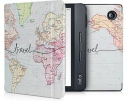 kwmobile e-reader hoesje geschikt voor Kobo Libra H2O hoes - E reader flip case met magnetische sluiting - Ereader cover - Travel Wereldkaart design in zwart / meerkleurig