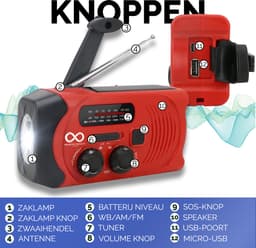 Noodradio - Solar - Opwindbaar - Rood - Powerbank Zonne-energie - Zaklamp - Opwindbare Radio - Noodpakket — thumbnail 2