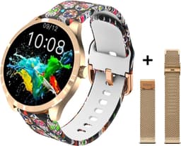 Belesy® BQSiRgSk Pro Skull - Smartwatch Dames – Smartwatch Heren - Horloge - 1.28 inch - Kleurenscherm - Stappenteller - Bloeddruk - Hartslag - 75+ Wijzerplaten – Sporten – Rose goud – Staal - Siliconen – Skull - Kerstcadeau — thumbnail 1