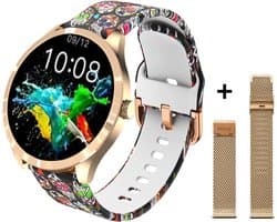 Belesy® BQSiRgSk Pro Skull - Smartwatch Dames – Smartwatch Heren - Horloge - 1.28 inch - Kleurenscherm - Stappenteller - Bloeddruk - Hartslag - 75+ Wijzerplaten – Sporten – Rose goud – Staal - Siliconen – Skull - Kerstcadeau
