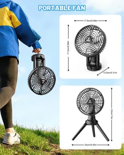 Campingventilator – Oplaadbare Ventilator met 7500mAh Batterij – Traploze Snelheidsregeling – LED-Verlichting – 180° Oscillatie – USB-C – Powerbankfunctie – Draagbare Ventilator voor Camping, Thuis en Kantoor — thumbnail 4
