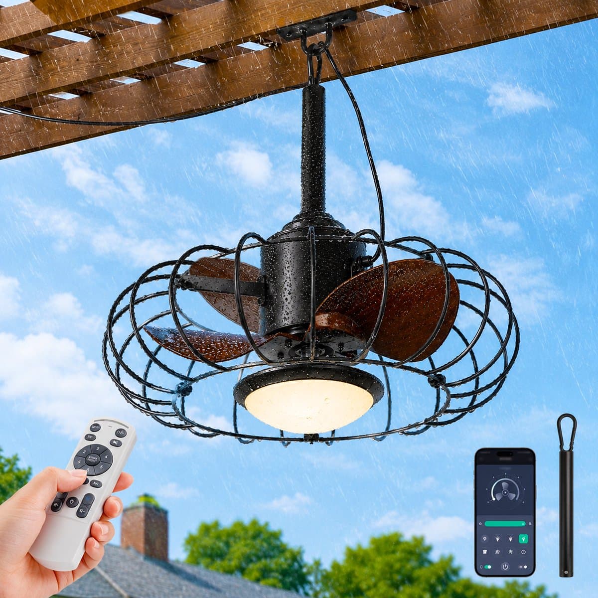 MUPOO Plafondventilator met verlichting Buiten 3 Bladens- IP65 Waterdicht Plafondventilator met Lamp Ø50 cm-plafondventilator zwart met 5M Stekker- App & Afstandsbediening- 6 Snelheden- Dimbaar LED voor Terras, Veranda, Pergola en Overkapping — afbeelding 1