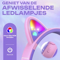 PowerLocus Bobo – USB-C Kinder Koptelefoon met Draad - Koptelefoon voor kinderen - Veilig volume van 85dB en 94dB - Katten Oortjes - Led Verlichting - Met microfoon – Stickers – Paars/Roze — thumbnail 2
