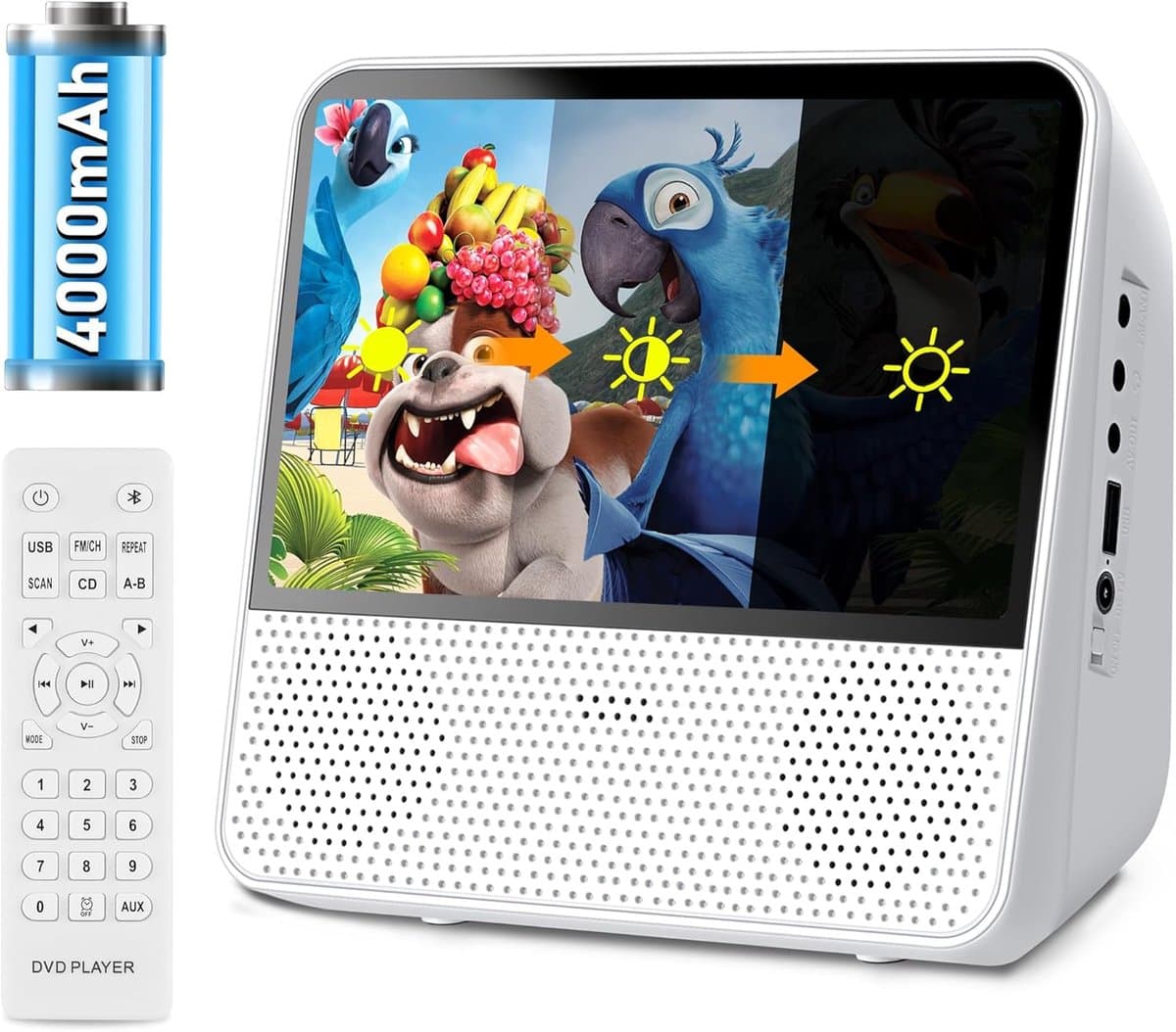 Draagbare DVD-speler met 4000mAh oplaadbare batterij - ondersteunt CD/DVD/Bluetooth/USB/MP3/AV, ingebouwde dubbelluidspreker CD/DVD speler, Afspelen in geheugen/Afstandsbediening/Timer - (wit) — afbeelding 1