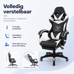 Boncy® Gaming Stoel - Comfortabele Gamestoel met Voetsteun - Game Chair Verstelbaar in Hoogte - 170° Verstelbare Rugleuning - Wit / Zwart — thumbnail 3