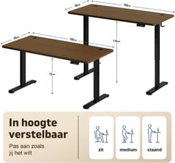 Devoko Elektrisch Zit-Sta Bureau 160x80 cm – 18 mm Dik Tafelblad – 3 Geheugenstanden – USB en Zit-alarm – Kabelmanagement – Zwart frame met walnootkleurig blad — thumbnail 3