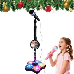 Zwart Karaokemicrofoon voor kinderen met verstelbare standaard – draagbare microfoon om mee te zingen, in hoogte verstelbaar, met knipperende lichtshow in de voet – voor jongens en meisjes van 3 tot 6 jaar — thumbnail 1