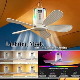 Campingventilator met verlichting – Plafondventilator met licht & afstandsbediening, LED-campinglamp met oplaadbare ventilator (via USB), timer, instelbare snelheid voor tenten (40 cm, 10800 mAh) [Energieklasse A] — thumbnail 5