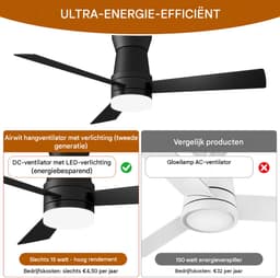 Plafondventilator met Licht 132 cm Zwart, Stille DC Motor, LED Verlichting, Afstandsbediening & Omkeerbare Functie — thumbnail 3