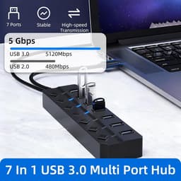 USB Hub - Verlenger Poorten - Apparaten Verbinden - 7 Poorten - 5 Gbps - Zwart — thumbnail 2
