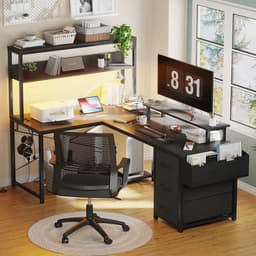 Parasha Nova Bureau - L-vormig bureau met opbergruimte - gamingbureau met LED-verlichting, computerbureau met stopcontact - hoekbureau met ladenkast en schermhouder — thumbnail 2