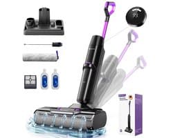 JOYNEXTBUY - Nat- en Droog Stofzuiger Draadloos - 3-in-1 Steelstofzuiger met Dweilfunctie - Zelfreinigend - 65 dB - Dierenharen - Harde Vloeren - Zwart/Paars