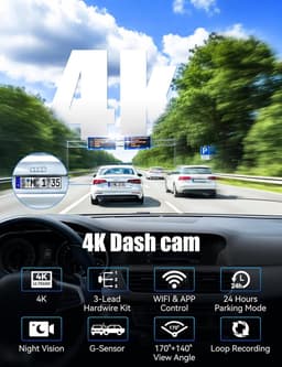 4K dashcam voor en achter, 3-kanaals dashcam met hardwire-kit, 24-uurs parkeerbewaking, 64 GB SD-kaart, Wifi, App, Nachtzicht — thumbnail 5
