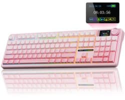 AULA F108 PRO Draadloos Mechanisch Toetsenbord - Met Scherm En Knop - Volledig Formaat Met 8000mAh Batterij - Vooraf Gesmeerde Schakelaars - Zijbedrukte PBT-Toetskappen - RGB-Achtergrondverlichting Hot-Swappable - Roze