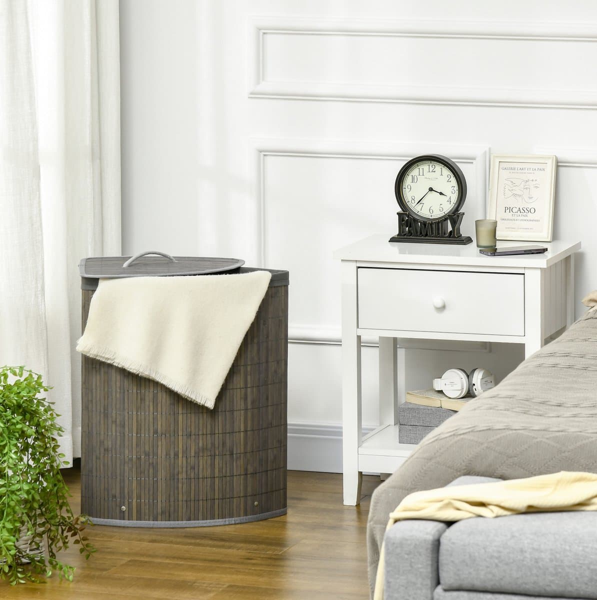 COVREO Wasmand 38x38x57 cm grijs, bamboe met deksel en uitneembare zak — afbeelding 1