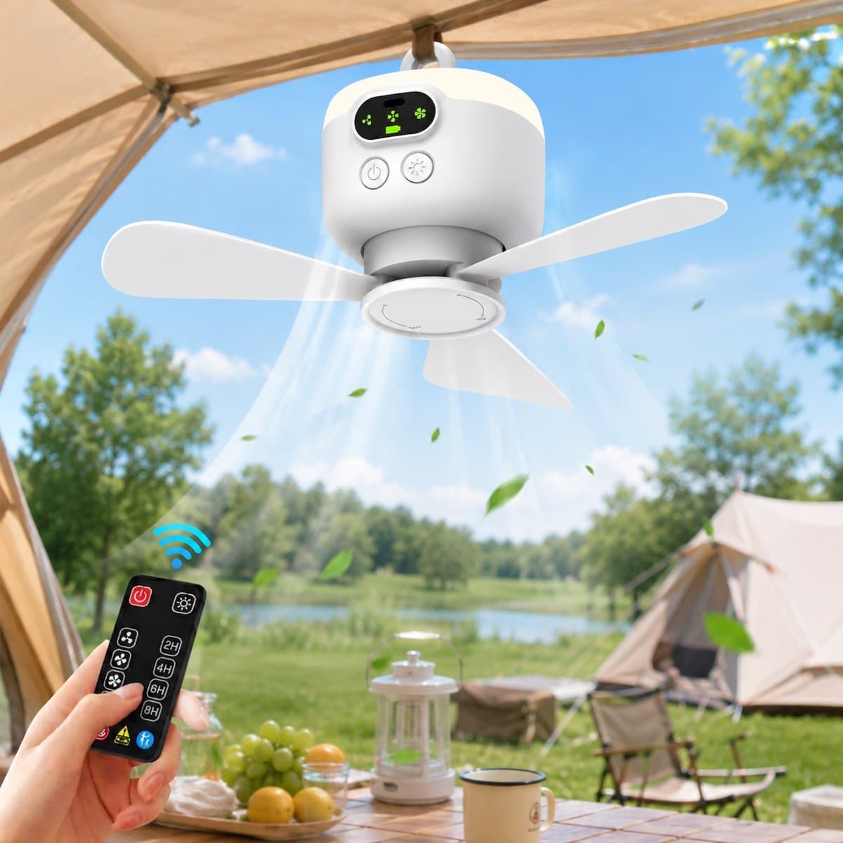 Lapamax Camping Ventilator met LED Verlichting Ø27 cm – 8000mAh Oplaadbare Accu – Tent Ventilator met Afstandsbediening en Timer – 4 Snelheden & 3 Lichtstanden – Stille DC Motor – ventilator camper Voor Tent, Caravan, Camper en Overkapping – Wit — afbeelding 1