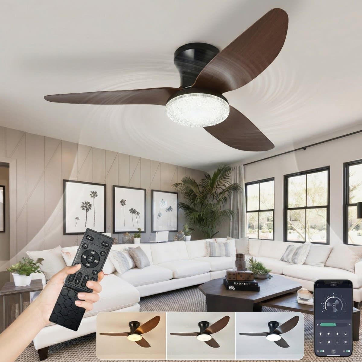 Lapamax Landelijke Houtlook Plafondventilator met Lamp Ø100 cm–Smart Plafondlamp met Ventilator met App en Afstandsbediening-Afstandsbediening-3 Kleurtemperaturen-6 Snelheden en Geheugenfunctie-Voor Woonkamer, Slaapkamer en Kantoor-Kristallen Lamp — afbeelding 1