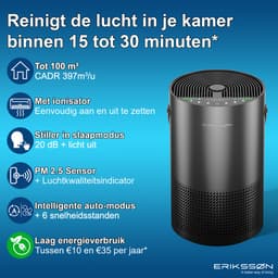 Erikssøn Luchtreiniger Air Pure Pro - 397 m3/u - Met Ionisator - Vermindert Stof En Pollen - Hepa 14 Filter - Air Purifier - Clean Air - Zwart — thumbnail 2