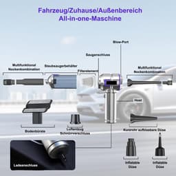 Wishdor Handstofzuiger auto 16000Pa - Draadloze kruimeldief met blaas- en zuigfunctie - Met 9 opzetstukken en LED display - Voor auto en thuis - Zilver paars - 21,4 x 4,8 x 20 cm — thumbnail 2