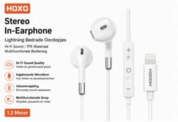 HOXO Bedrade Oordopjes met Microfoon - Lightning Aansluiting - Stereo Earphones - Volumeregeling & Multifunctionele Bediening - 1.2 Meter - Wit - Geschikt voor iPhone — thumbnail 1