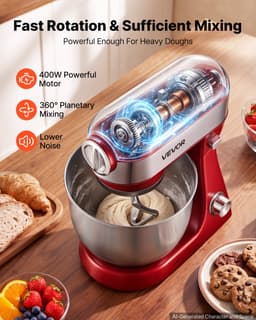 VEVOR Elektrische Staande Mixer 5L 1000W Deegmachine voor Koekjesdeeg en Crème, Deegkneedmachine met 10 Snelheidsinstellingen, SUS304 Mengkom, Kantelbare Kop, Spatbescherming en Antislipvoetjes, Rood — thumbnail 5